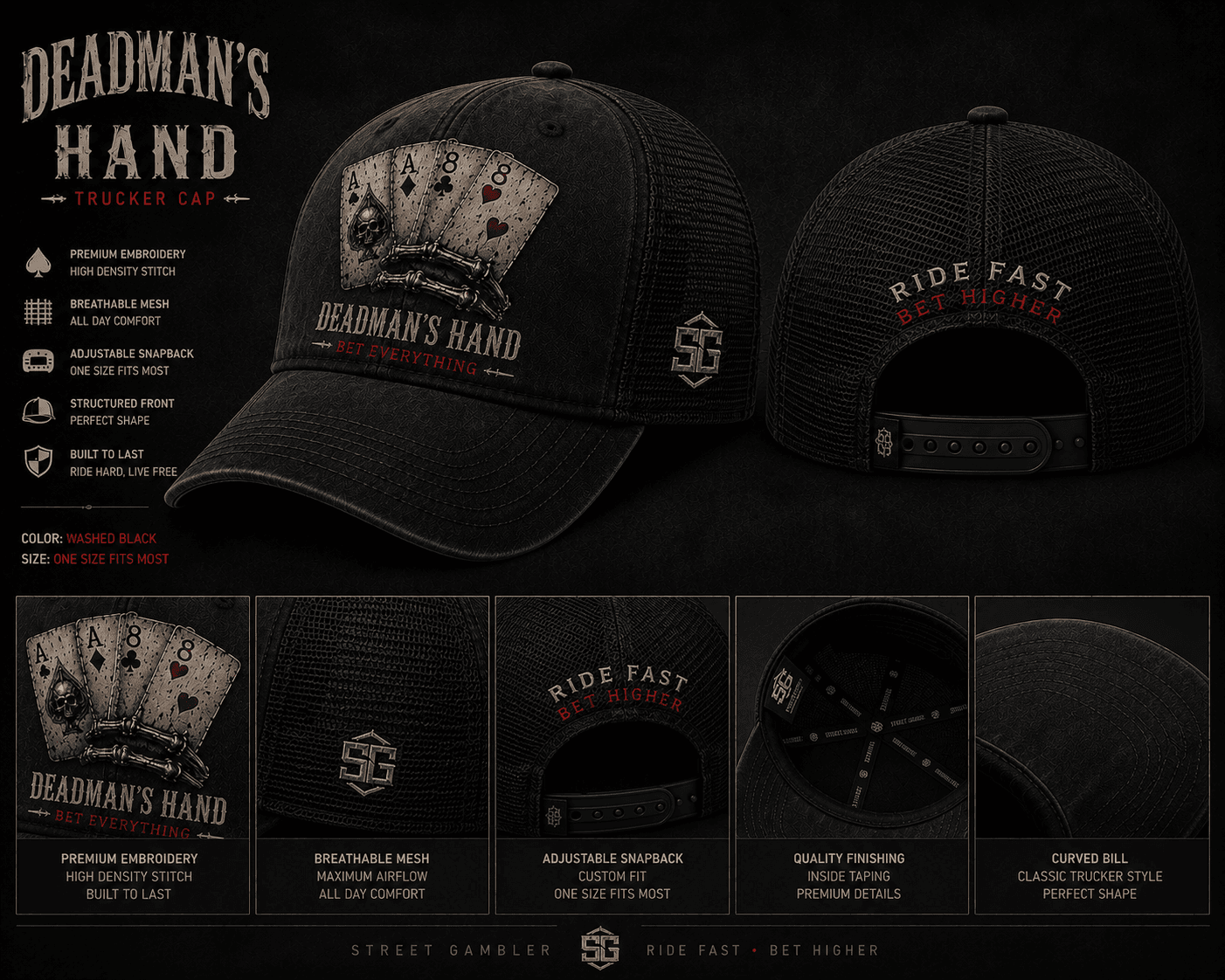 Deadman's Hand Trucker Cap merch mockup