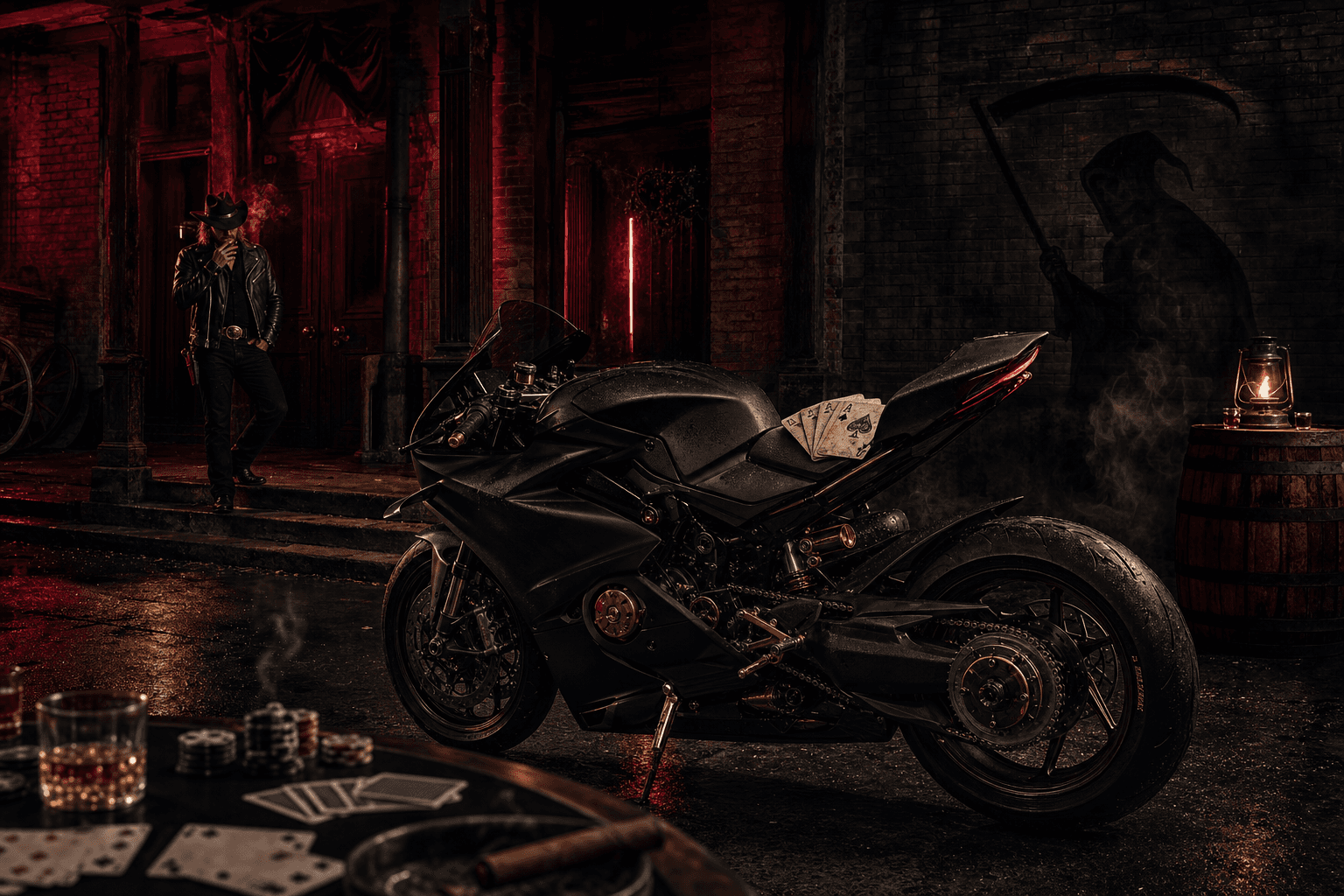 Street Gambler superbike with poker cards in a cinematic night setting